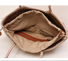 Handmade Woven Leather Tote Bag, Full Grain Leather Hand Woven Triple Jump Bamboo Ladies HoBo Bag, Curve Opening Summer Holiday Basket Bag