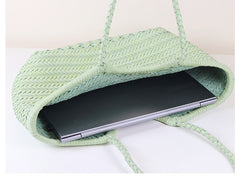 Handmade Woven Leather Tote Bag, Full Grain Leather Hand Woven Triple Jump Bamboo Ladies HoBo Bag, Curve Opening Summer Holiday Basket Bag