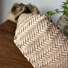 Handmade Woven Leather Tote Bag, Full Grain Leather Hand Woven Triple Jump Bamboo Ladies HoBo Bag, Curve Opening Summer Holiday Basket Bag