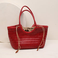 Handmade Woven Leather Tote Bag, Full Grain Leather Hand Woven Triple Jump Bamboo Ladies HoBo Bag, Curve Opening Summer Holiday Basket Bag