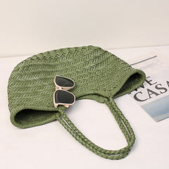 Handmade Woven Leather Tote Bag, Full Grain Leather Hand Woven Triple Jump Bamboo Ladies HoBo Bag, Curve Opening Summer Holiday Basket Bag