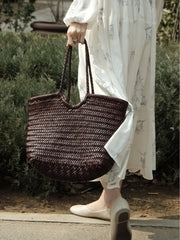Handmade Woven Leather Tote Bag, Full Grain Leather Hand Woven Triple Jump Bamboo Ladies HoBo Bag, Curve Opening Summer Holiday Basket Bag
