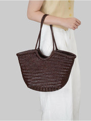 Handmade Woven Leather Tote Bag, Full Grain Leather Hand Woven Triple Jump Bamboo Ladies HoBo Bag, Curve Opening Summer Holiday Basket Bag