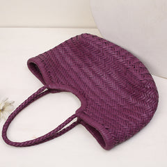 Handmade Woven Leather Tote Bag, Full Grain Leather Hand Woven Triple Jump Bamboo Ladies HoBo Bag, Curve Opening Summer Holiday Basket Bag
