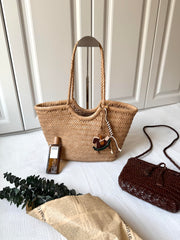 Handmade Woven Leather Tote Bag, Full Grain Leather Hand Woven Triple Jump Bamboo Ladies HoBo Bag, Curve Opening Summer Holiday Basket Bag