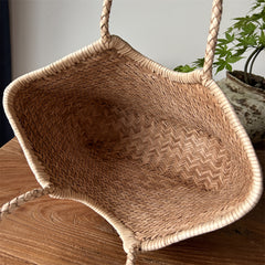 Handmade Woven Leather Tote Bag, Full Grain Leather Hand Woven Triple Jump Bamboo Ladies HoBo Bag, Curve Opening Summer Holiday Basket Bag