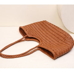 Handmade Woven Leather Tote Bag, Full Grain Leather Hand Woven Triple Jump Bamboo Ladies HoBo Bag, Curve Opening Summer Holiday Basket Bag