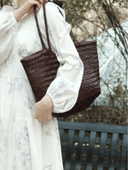 Handmade Woven Leather Tote Bag, Full Grain Leather Hand Woven Triple Jump Bamboo Ladies HoBo Bag, Curve Opening Summer Holiday Basket Bag