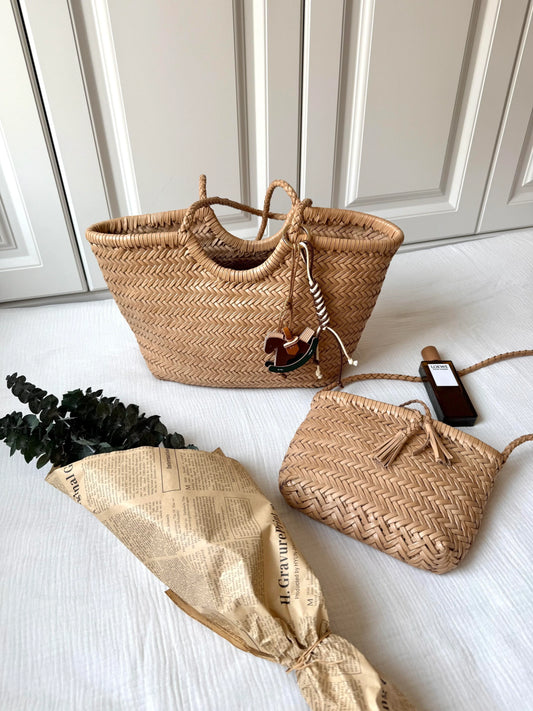Handmade Woven Leather Tote Bag, Full Grain Leather Hand Woven Triple Jump Bamboo Ladies HoBo Bag, Curve Opening Summer Holiday Basket Bag