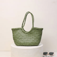 Handmade Woven Leather Tote Bag, Full Grain Leather Hand Woven Triple Jump Bamboo Ladies HoBo Bag, Curve Opening Summer Holiday Basket Bag