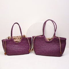 Handmade Woven Leather Tote Bag, Full Grain Leather Hand Woven Triple Jump Bamboo Ladies HoBo Bag, Curve Opening Summer Holiday Basket Bag