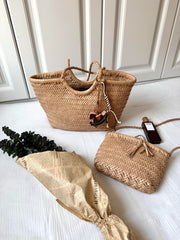 Handmade Woven Leather Tote Bag, Full Grain Leather Hand Woven Triple Jump Bamboo Ladies HoBo Bag, Curve Opening Summer Holiday Basket Bag