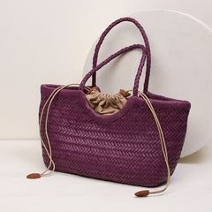 Handmade Woven Leather Tote Bag, Full Grain Leather Hand Woven Triple Jump Bamboo Ladies HoBo Bag, Curve Opening Summer Holiday Basket Bag