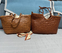 Handmade Woven Leather Tote Bag, Full Grain Leather Hand Woven Triple Jump Bamboo Ladies HoBo Bag, Curve Opening Summer Holiday Basket Bag