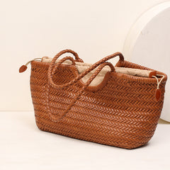 Handmade Woven Leather Tote Bag, Full Grain Leather Hand Woven Triple Jump Bamboo Ladies HoBo Bag, Curve Opening Summer Holiday Basket Bag