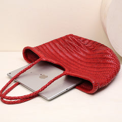 Handmade Woven Leather Tote Bag, Full Grain Leather Hand Woven Triple Jump Bamboo Ladies HoBo Bag, Curve Opening Summer Holiday Basket Bag