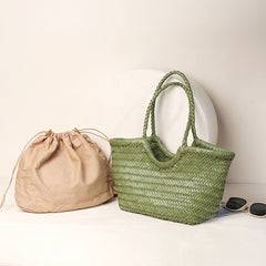 Handmade Woven Leather Tote Bag, Full Grain Leather Hand Woven Triple Jump Bamboo Ladies HoBo Bag, Curve Opening Summer Holiday Basket Bag