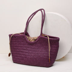 Handmade Woven Leather Tote Bag, Full Grain Leather Hand Woven Triple Jump Bamboo Ladies HoBo Bag, Curve Opening Summer Holiday Basket Bag