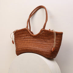Handmade Woven Leather Tote Bag, Full Grain Leather Hand Woven Triple Jump Bamboo Ladies HoBo Bag, Curve Opening Summer Holiday Basket Bag