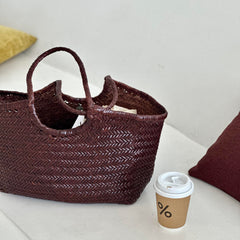 Handmade Woven Leather Tote Bag, Full Grain Leather Hand Woven Triple Jump Bamboo Ladies HoBo Bag, Curve Opening Summer Holiday Basket Bag