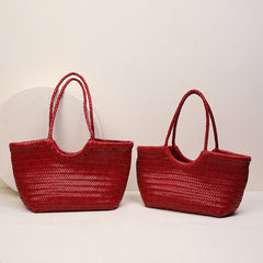 Handmade Woven Leather Tote Bag, Full Grain Leather Hand Woven Triple Jump Bamboo Ladies HoBo Bag, Curve Opening Summer Holiday Basket Bag