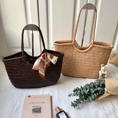 Handmade Woven Leather Tote Bag, Full Grain Leather Hand Woven Triple Jump Bamboo Ladies HoBo Bag, Curve Opening Summer Holiday Basket Bag