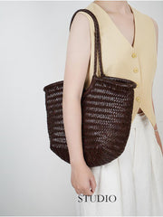 Handmade Woven Leather Tote Bag, Full Grain Leather Hand Woven Triple Jump Bamboo Ladies HoBo Bag, Curve Opening Summer Holiday Basket Bag