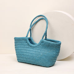 Handmade Woven Leather Tote Bag, Full Grain Leather Hand Woven Triple Jump Bamboo Ladies HoBo Bag, Curve Opening Summer Holiday Basket Bag