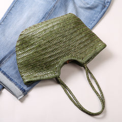 Handmade Woven Leather Tote Bag, Full Grain Leather Hand Woven Triple Jump Bamboo Ladies HoBo Bag, Curve Opening Summer Holiday Basket Bag