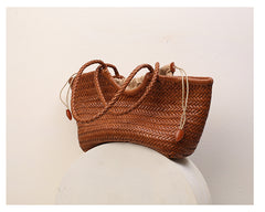 Handmade Woven Leather Tote Bag, Full Grain Leather Hand Woven Triple Jump Bamboo Ladies HoBo Bag, Curve Opening Summer Holiday Basket Bag
