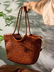 Handmade Woven Leather Tote Bag, Full Grain Leather Hand Woven Triple Jump Bamboo Ladies HoBo Bag, Curve Opening Summer Holiday Basket Bag