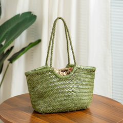Handmade Woven Leather Tote Bag, Full Grain Leather Hand Woven Triple Jump Bamboo Ladies HoBo Bag, Curve Opening Summer Holiday Basket Bag