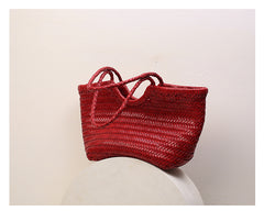 Handmade Woven Leather Tote Bag, Full Grain Leather Hand Woven Triple Jump Bamboo Ladies HoBo Bag, Curve Opening Summer Holiday Basket Bag