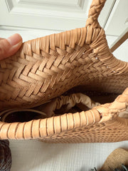 Handmade Woven Leather Tote Bag, Full Grain Leather Hand Woven Triple Jump Bamboo Ladies HoBo Bag, Curve Opening Summer Holiday Basket Bag