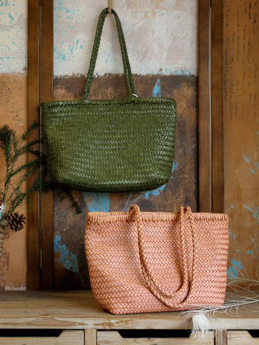 Handwoven Basket Tote Bag | Vegetable-Tanned Italian Cowhide Hand-Carry Bag | Minimalist Summer Commuter Style