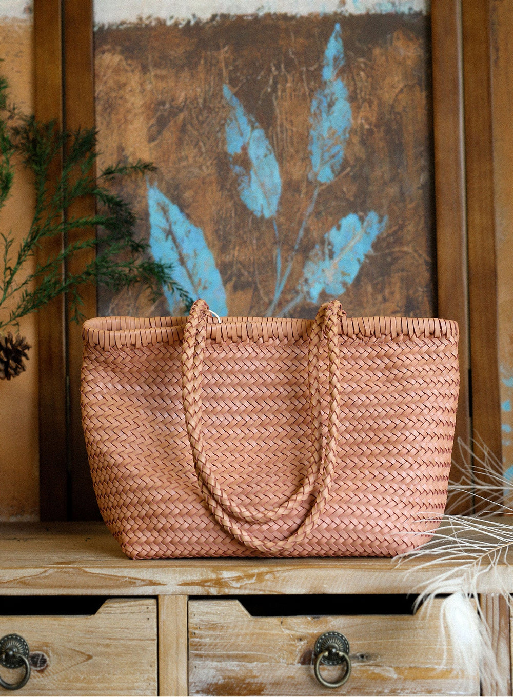 Handwoven Basket Tote Bag | Vegetable-Tanned Italian Cowhide Hand-Carry Bag | Minimalist Summer Commuter Style