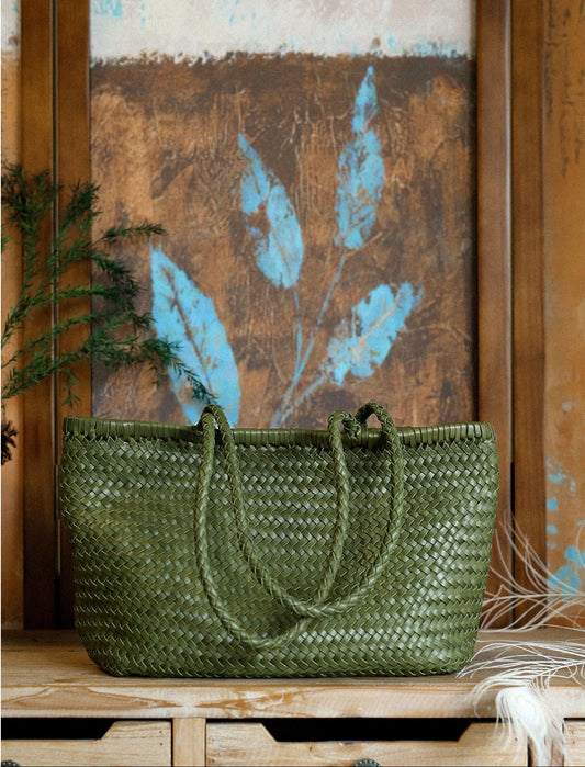 Handwoven Basket Tote Bag | Vegetable-Tanned Italian Cowhide Hand-Carry Bag | Minimalist Summer Commuter Style