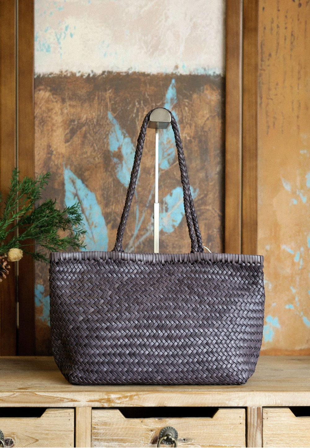 Handwoven Basket Tote Bag | Vegetable-Tanned Italian Cowhide Hand-Carry Bag | Minimalist Summer Commuter Style