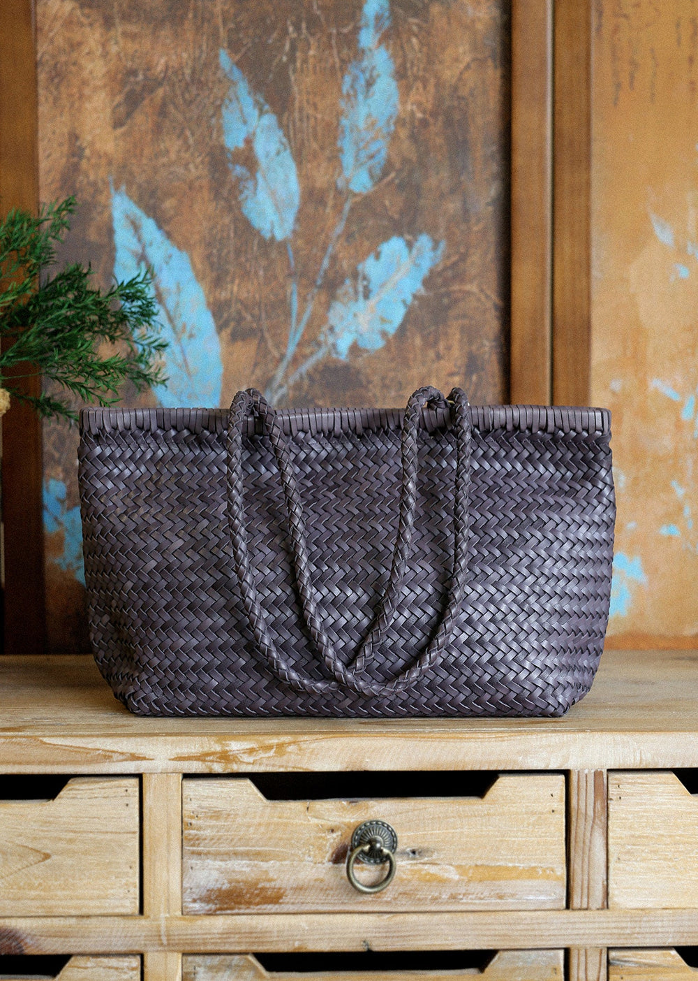 Handwoven Basket Tote Bag | Vegetable-Tanned Italian Cowhide Hand-Carry Bag | Minimalist Summer Commuter Style