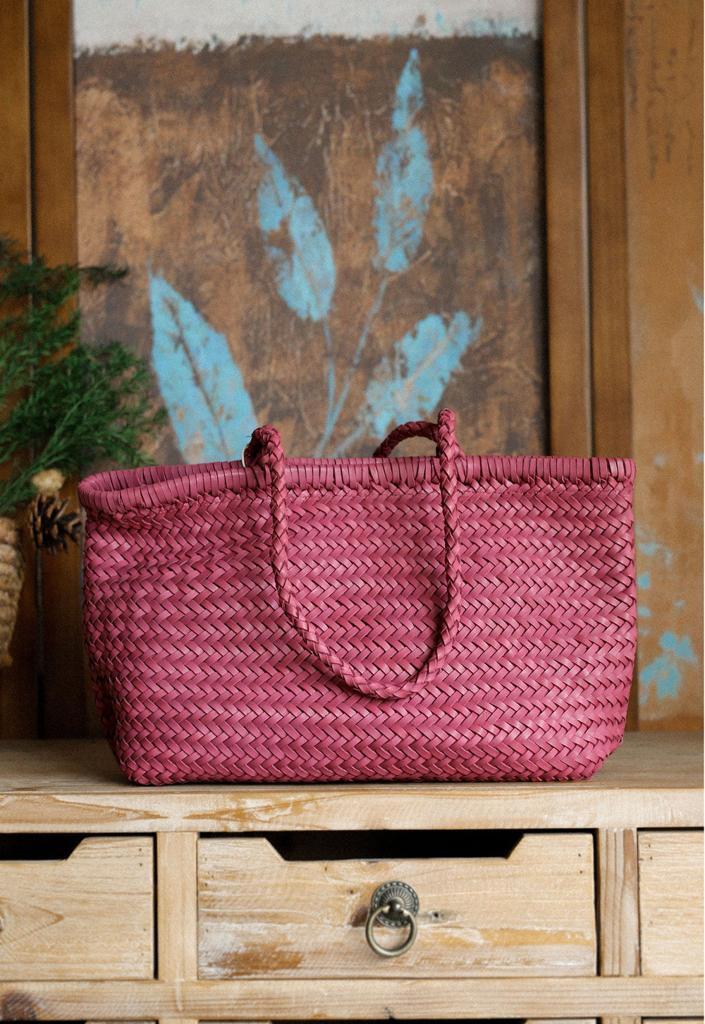 Handwoven Basket Tote Bag | Vegetable-Tanned Italian Cowhide Hand-Carry Bag | Minimalist Summer Commuter Style