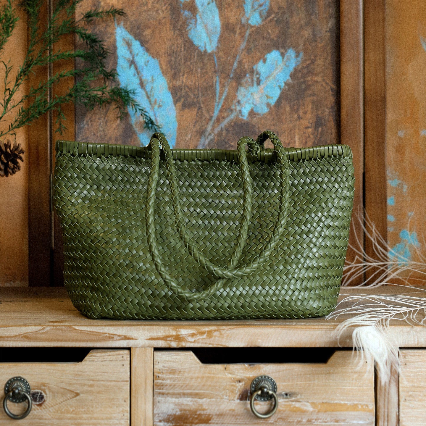 Handwoven Basket Tote Bag | Vegetable-Tanned Italian Cowhide Hand-Carry Bag | Minimalist Summer Commuter Style