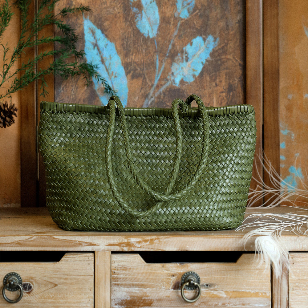 Handwoven Basket Tote Bag | Vegetable-Tanned Italian Cowhide Hand-Carry Bag | Minimalist Summer Commuter Style