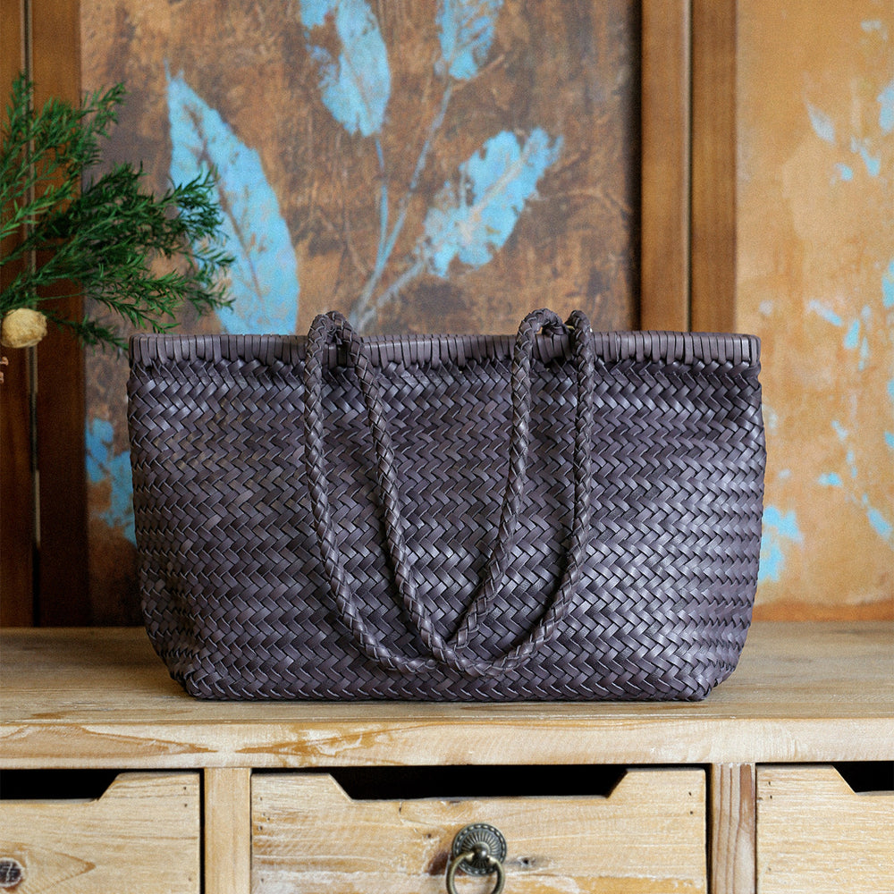 Handwoven Basket Tote Bag | Vegetable-Tanned Italian Cowhide Hand-Carry Bag | Minimalist Summer Commuter Style