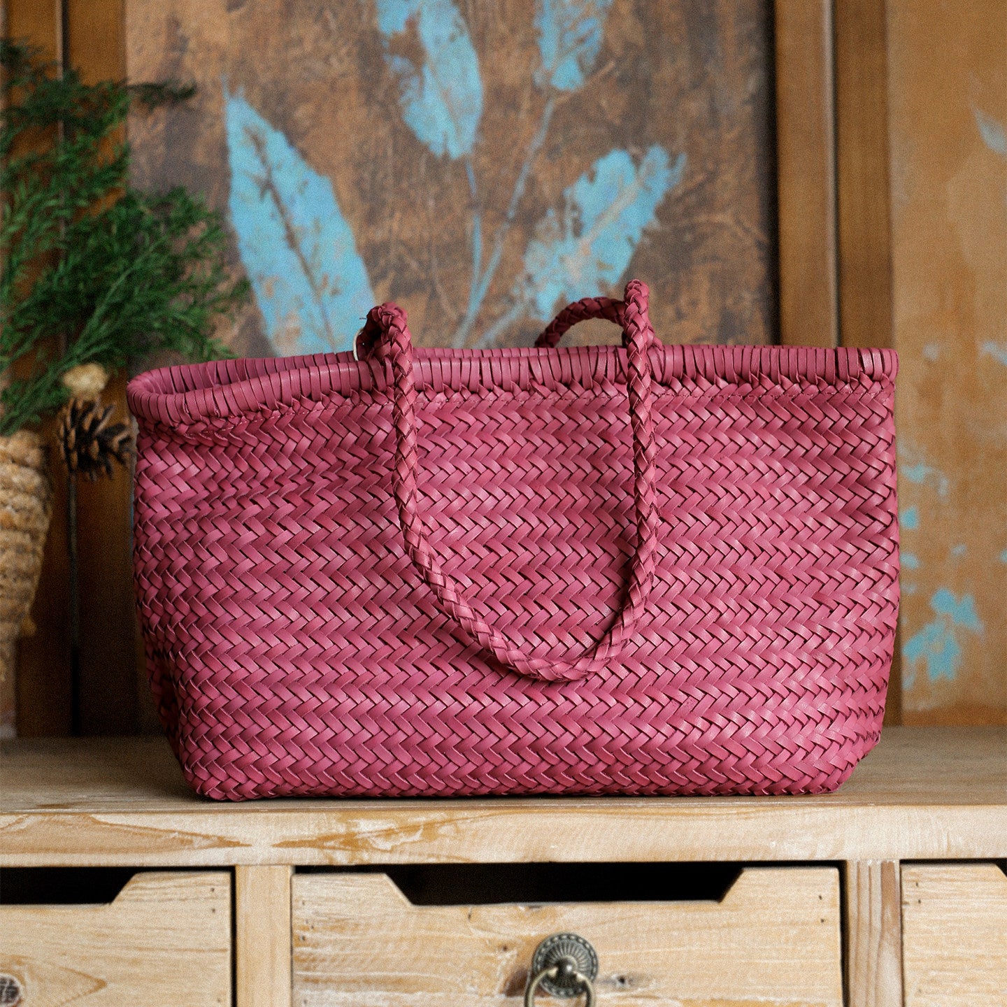 Handwoven Basket Tote Bag | Vegetable-Tanned Italian Cowhide Hand-Carry Bag | Minimalist Summer Commuter Style