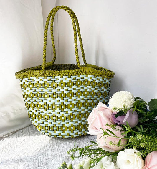 Handwoven Cowhide Leather Bucket Bag, Vintage Two-tone Woven Cowhide Handbag, French-Style Basket Bag, Handmade Shoulder Bag for Women