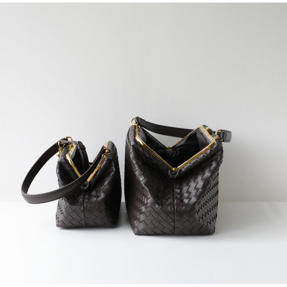 Handwoven Cowhide Leather Frame Clutch Bag | Women's Commuter Top-Handle & Shoulder Purse
