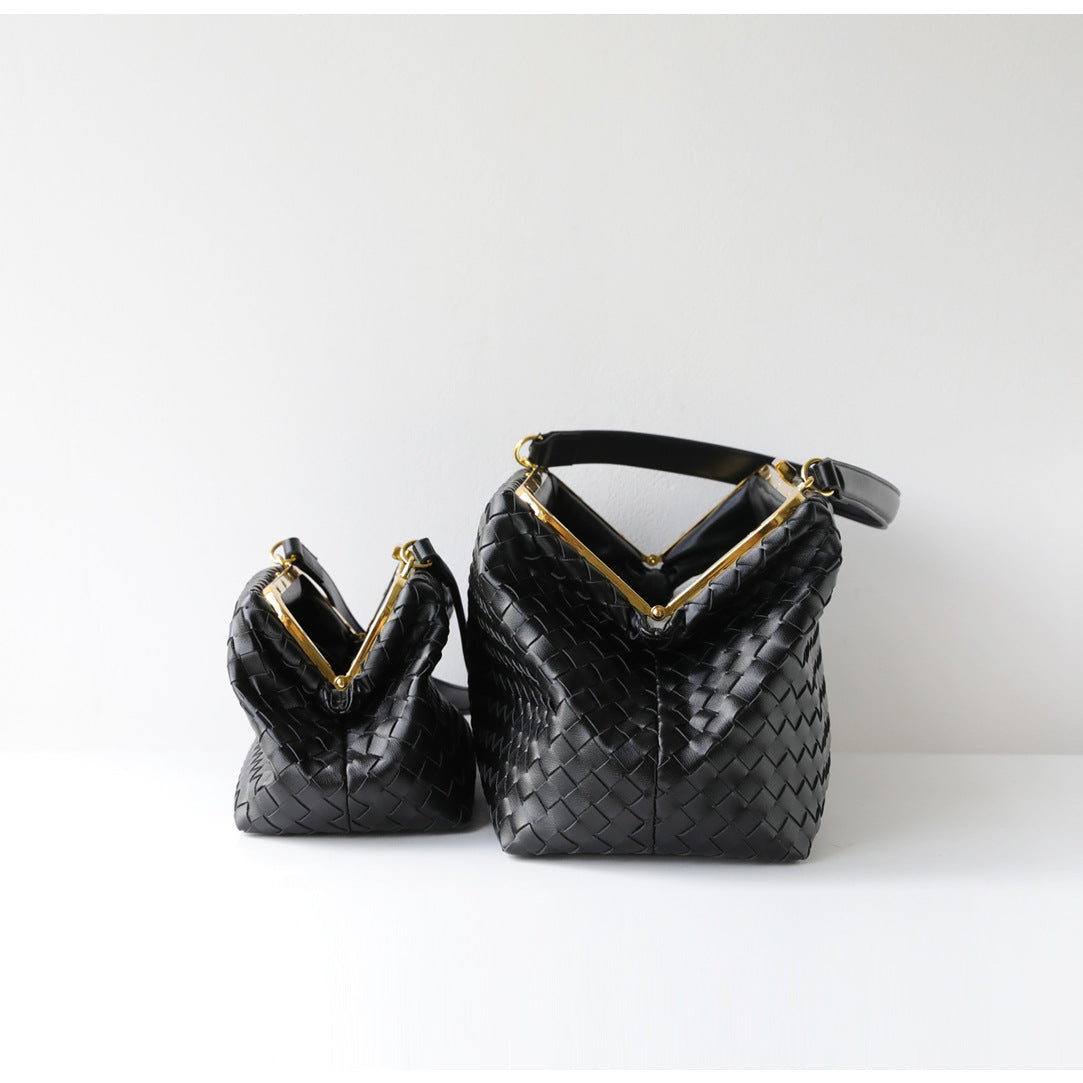 Handwoven Cowhide Leather Frame Clutch Bag | Women's Commuter Top-Handle & Shoulder Purse