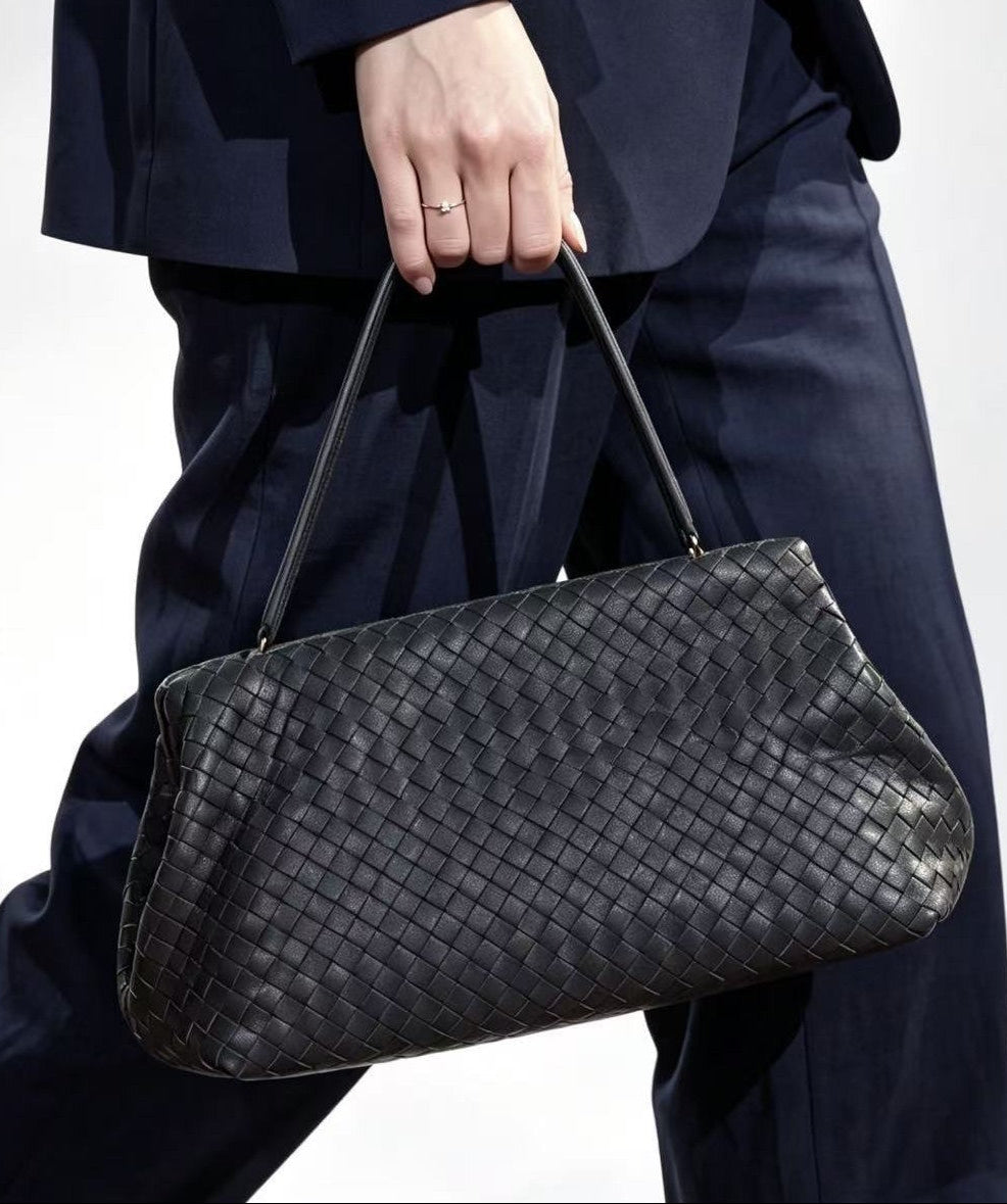 Handwoven Cowhide Leather Frame Clutch Bag | Women's Commuter Top-Handle & Shoulder Purse