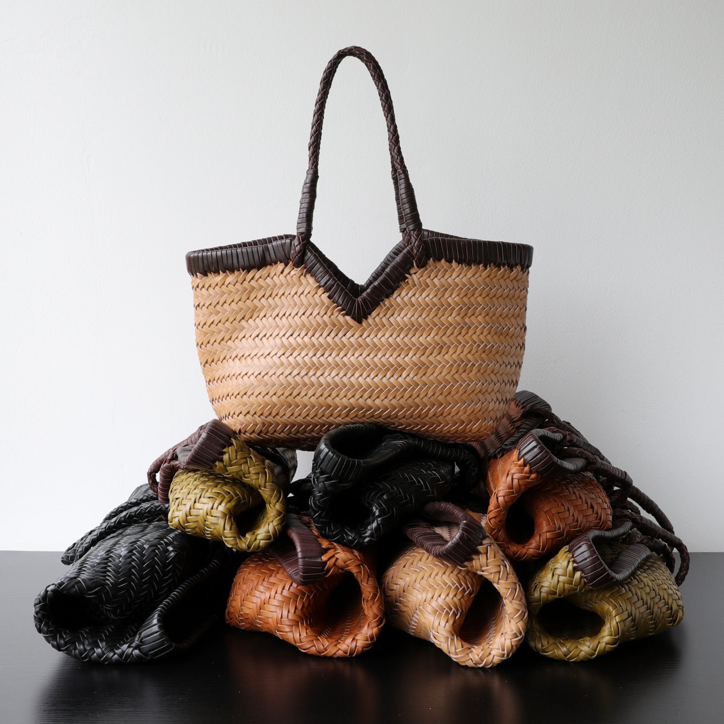 Handwoven Full Grain Cowhide Leather Basket Tote | V-Cut Rim Leather Shoulder Bag | Summer Beach Bag in Two Sizes