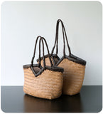 Handwoven Full Grain Cowhide Leather Basket Tote | V-Cut Rim Leather Shoulder Bag | Summer Beach Bag in Two Sizes